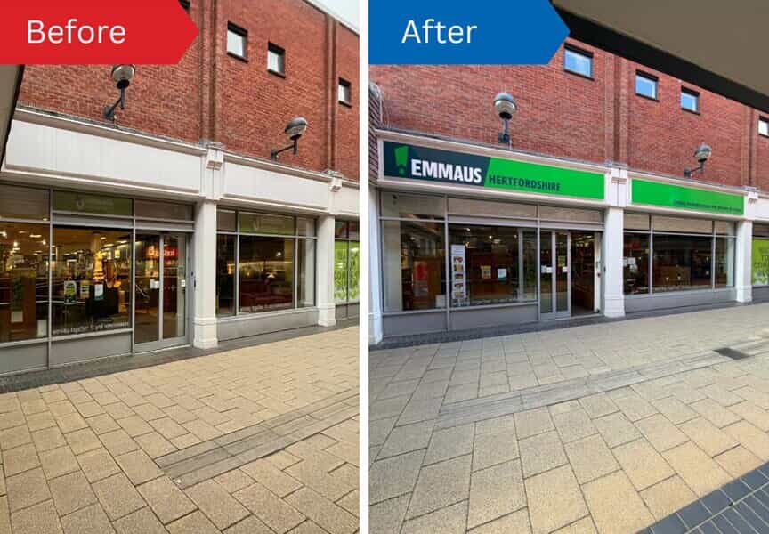A collage of the storefront signage before and after FASTSIGNS redesigned it.
